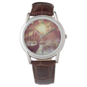 Männliche Hirsche im Misty Woods bei Sonnenaufgang Armbanduhr