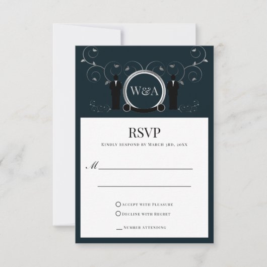 Männliche Hochzeit Silver Blue Monogram LGBTQ RSVP (Vorderseite)