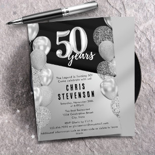 Männliche schwarze Silberballons 50. Geburtstag Einladung