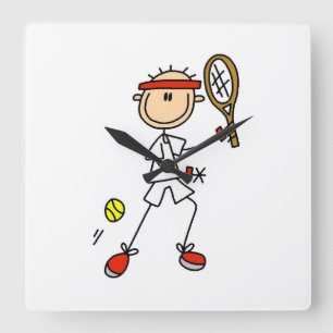 Männliche Stockfigur Tennisspieler Quadratische Wanduhr