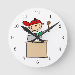 Männliche Strichmännchen-Kochfigur Runde Wanduhr
