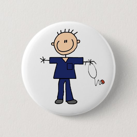 Männliche Strichmännchen-Krankenschwester - Blau Button (Vorderseite)