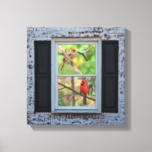 Männliche und weibliche Kardinäle im Fenster/in Leinwanddruck