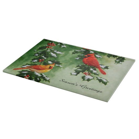 Männliche und weibliche Kardinäle im Norden Schneidebrett (Ecke)