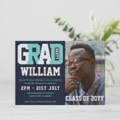 Männlicher ABSCHLUSS FOTO Einladung Blau Türkis (Stehend Vorderseite)