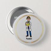 Männlicher Arzt, der einen Knopf für das Baby hält Button (Vorne & Hinten)
