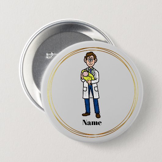 Männlicher Arzt, der einen Knopf für das Baby hält Button (Vorne & Hinten)