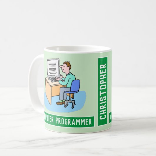 Männlicher Computerprogrammierer mit Namen. Funny Kaffeetasse (Vorderseite Links)