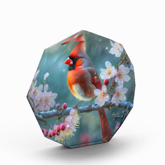 Männlicher Kardinal im Mondlicht Kirschblüten Fotoblock (Links)