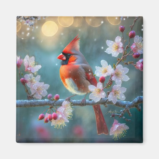 Männlicher Kardinal im Mondlicht Kirschblüten Magnet (Vorne)