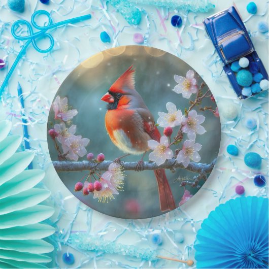 Männlicher Kardinal im Mondlicht Kirschblüten Pappteller (Party)