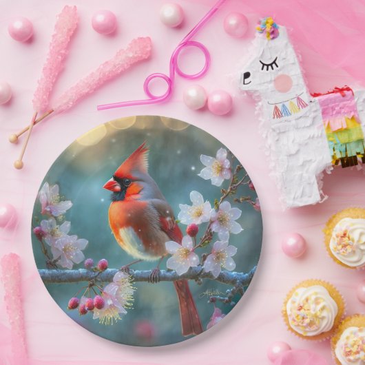 Männlicher Kardinal im Mondlicht Kirschblüten Pappteller (Party)