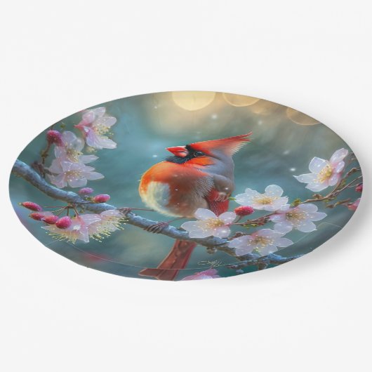 Männlicher Kardinal im Mondlicht Kirschblüten Pappteller (Schrägansicht)