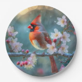 Männlicher Kardinal im Mondlicht Kirschblüten Pappteller (Vorderseite)