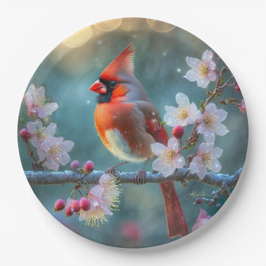 Männlicher Kardinal im Mondlicht Kirschblüten Pappteller (Vorderseite)