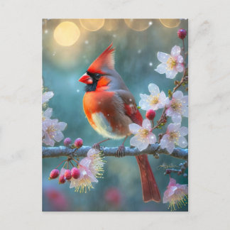Männlicher Kardinal im Mondlicht Kirschblüten Postkarte