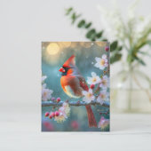 Männlicher Kardinal im Mondlicht Kirschblüten Postkarte (Stehend Vorderseite)