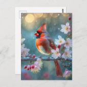 Männlicher Kardinal im Mondlicht Kirschblüten Postkarte (Vorne/Hinten)