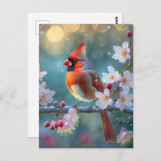 Männlicher Kardinal im Mondlicht Kirschblüten Postkarte (Vorne/Hinten)