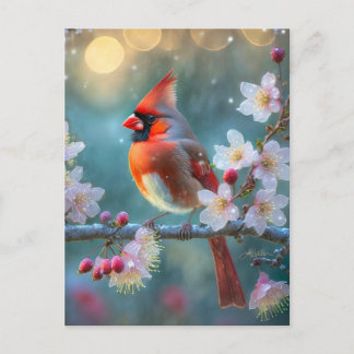Männlicher Kardinal im Mondlicht Kirschblüten Postkarte