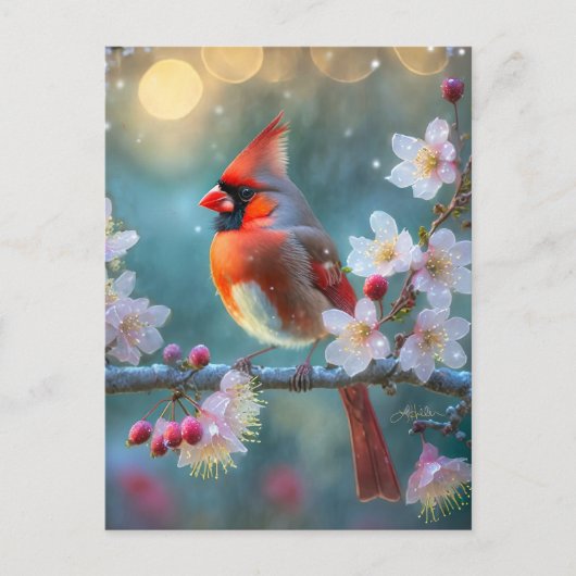 Männlicher Kardinal im Mondlicht Kirschblüten Postkarte (Vorderseite)