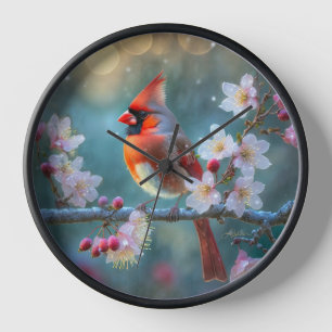 Männlicher Kardinal im Mondlicht Kirschblüten Uhr