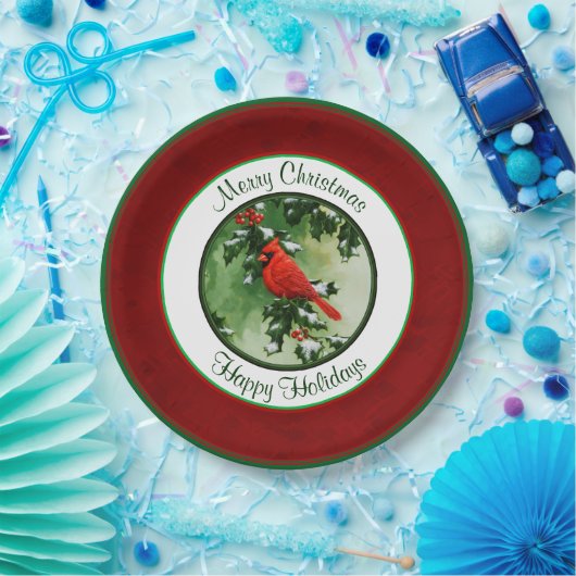 Männlicher Kardinal und Holly Branch Red Pappteller (Party)