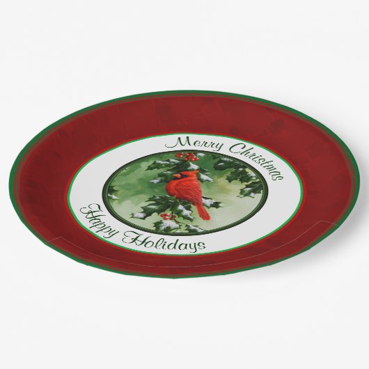 Männlicher Kardinal und Holly Branch Red Pappteller (Schrägansicht)