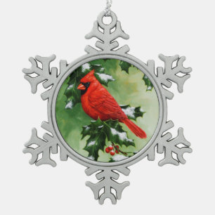 Männlicher Kardinal und Stechpalme Schneeflocken Zinn-Ornament