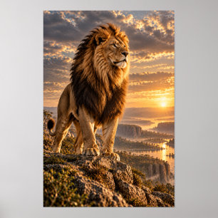Männlicher Löwe auf felsiger Aussicht bei goldenem Poster