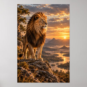 Männlicher Löwe auf felsiger Aussicht bei goldenem Poster