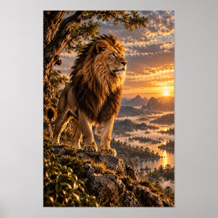 Männlicher Löwe auf felsiger Aussicht bei goldenem Poster