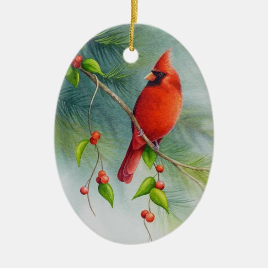 Männlicher Nordischer Kardinal Bird Wasserfarbe Ku Keramik Ornament (Vorne)