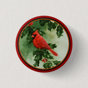 Männlicher nördlicher Kardinal und Holly Button