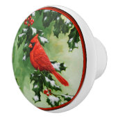 Männlicher nördlicher Kardinal und Holly Keramikknauf (Rechts)