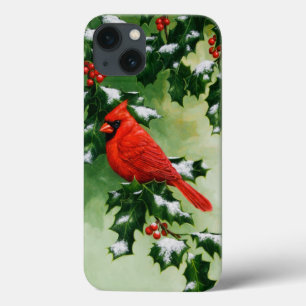 Männlicher Nordrot Kardinal Bird & Holly Branch iPhone 13 Hülle
