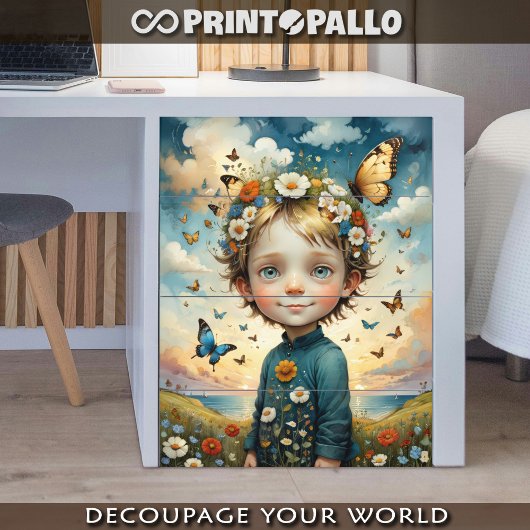 Männliches Kind mit Blume und Schmetterling im Frü Seidenpapier