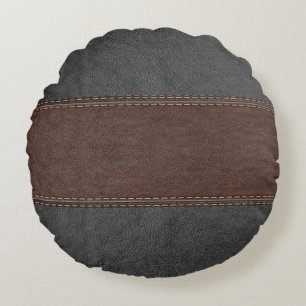 Männliches vintage schwarzes und braunes Leder Rundes Kissen