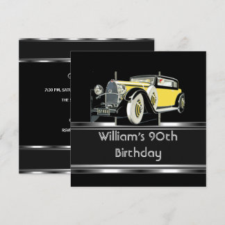 Manns 90. Geburtstagsfeier schwarzes Vintage-Auto Einladung