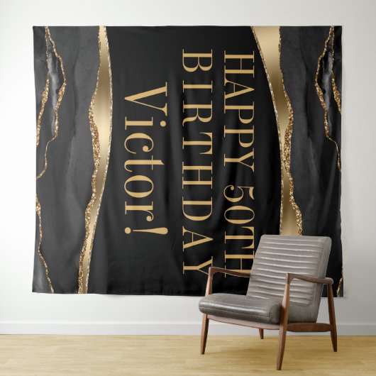Mans Birthday Party Background Black Gold Agate Wandteppich (Beispiel (Horizontal))