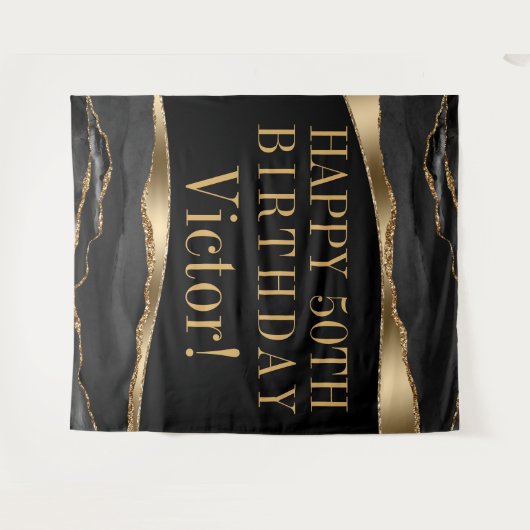 Mans Birthday Party Background Black Gold Agate Wandteppich (Vorderseite (Horizontal))