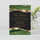 Mans Emerald Green Gold Agate Birthday Party Einladung (Stehend Vorderseite)