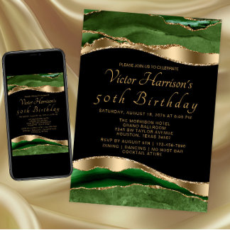 Mans Emerald Green Gold Agate Birthday Party Einladung