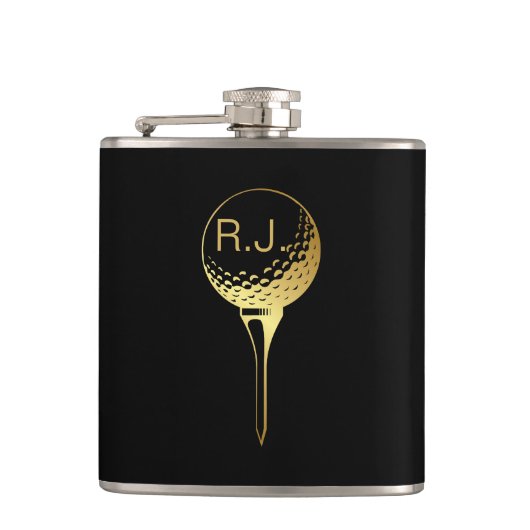 Man's Golf Monogram Black and Gold Flask Flachmann (Vorderseite)