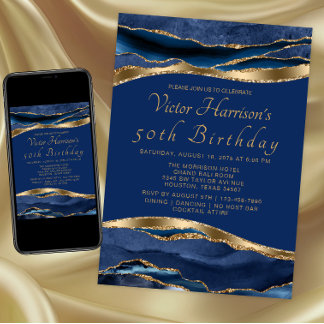 Mans Royal Blue Gold Agate Birthday Party Einladung