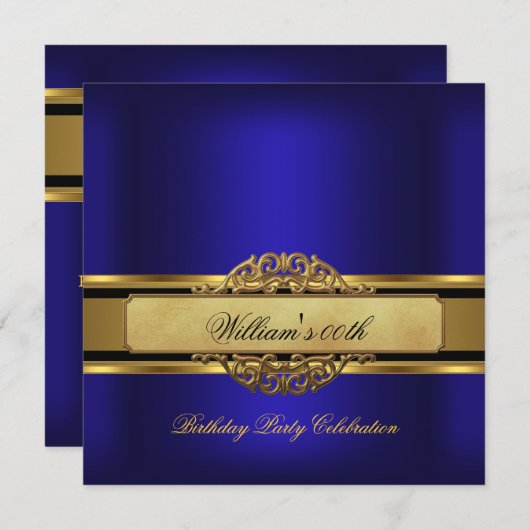 Mans Royal Blue Gold Birthday Party Mans Einladung (Vorne/Hinten)