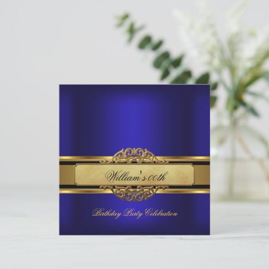 Mans Royal Blue Gold Birthday Party Mans Einladung (Stehend Vorderseite)