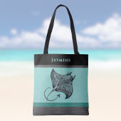 Manta Ray on Teal Faux Brushed Metal Monogrammed Tasche
