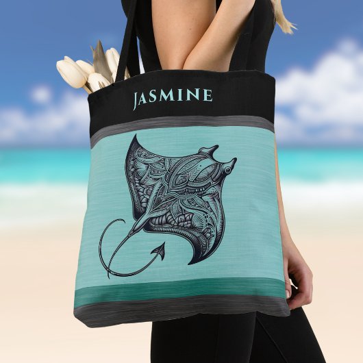 Manta Ray on Teal Faux Brushed Metal Monogrammed Tasche