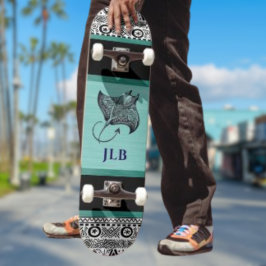 Manta Ray Teal Black White Polynesian w Initial Skateboard